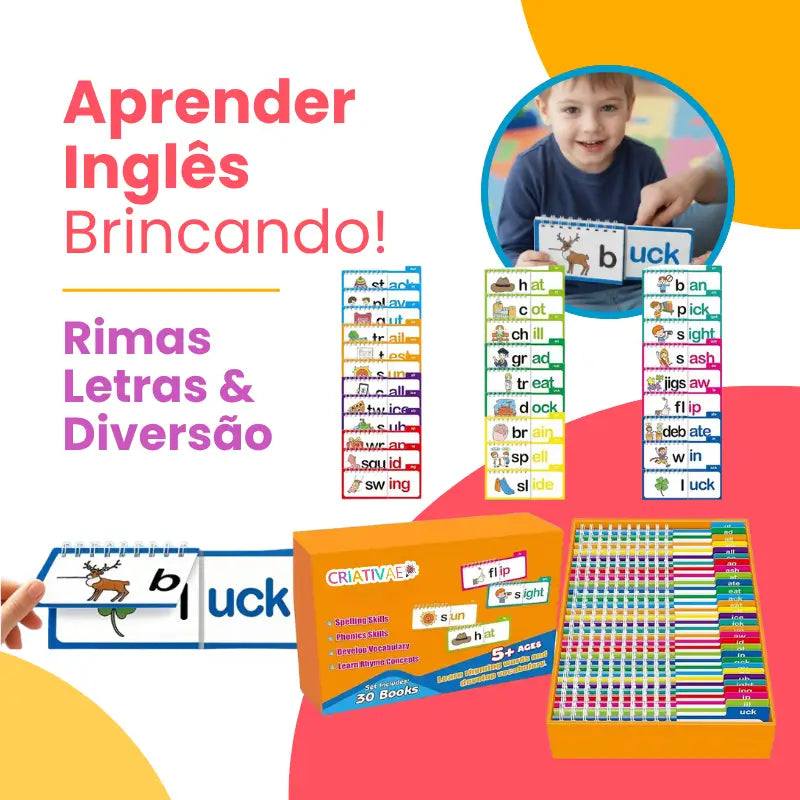 Livros Educativos Flip de Leitura e Rima Bilíngue – Conjunto de 30 Livros e Cartas de Vocabulário | CRIATIVAE
