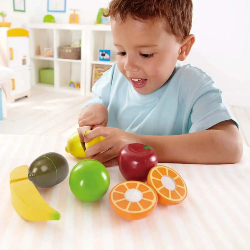 Conjunto Premium de Frutas de Madeira – Brinquedo Educativo Sensorial com Faca Infantil – Hape